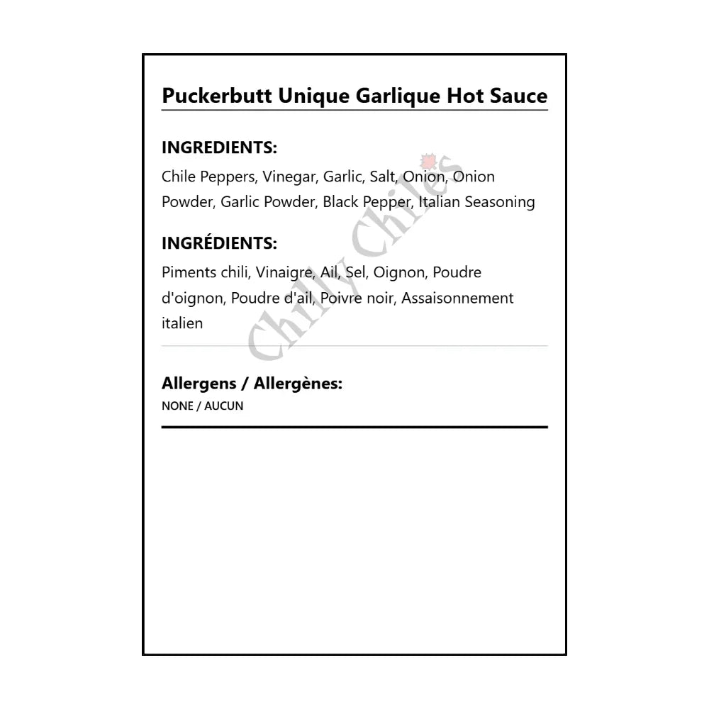 Puckerbutt Unique Garlique Hot Sauce - Bilingual Ingredients