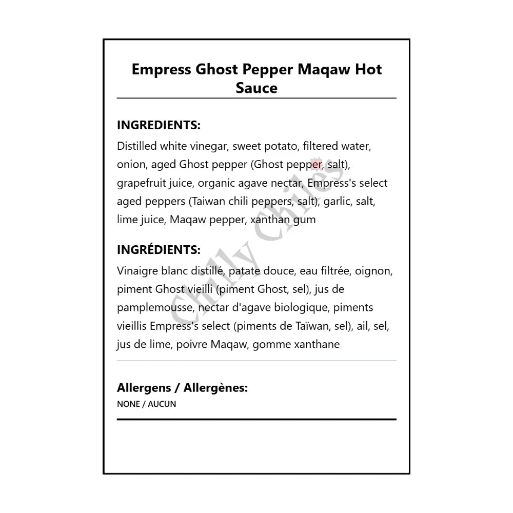Empress Ghost Pepper Maqaw Hot Sauce - Bilingual Ingredients