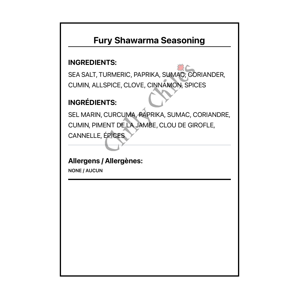 Fury Shawarma Seasoning - Bilingual Ingredients