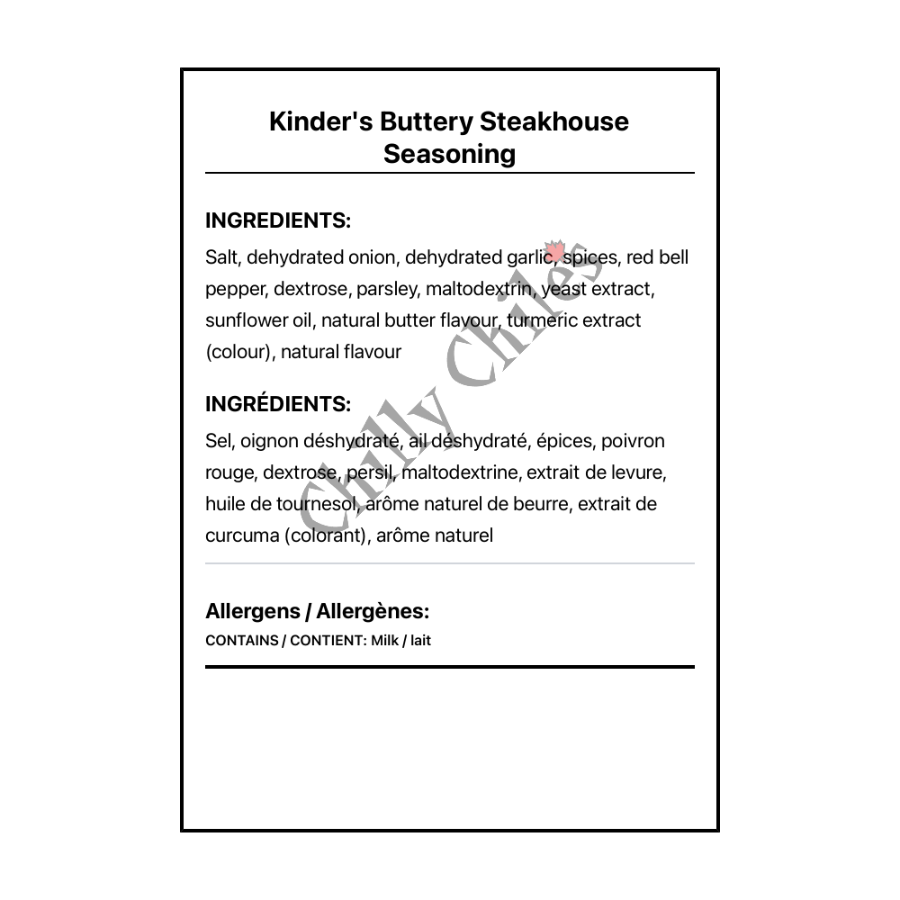 Kinder's Buttery Steakhouse Seasoning - Bilingual Ingredients