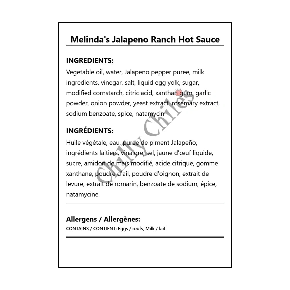 Melinda's Jalapeno Ranch Hot Sauce - Bilingual Ingredients