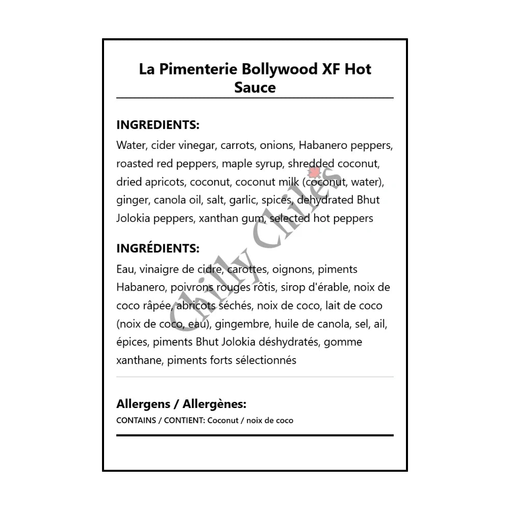 La Pimenterie Bollywood XF Hot Sauce - Bilingual Ingredients