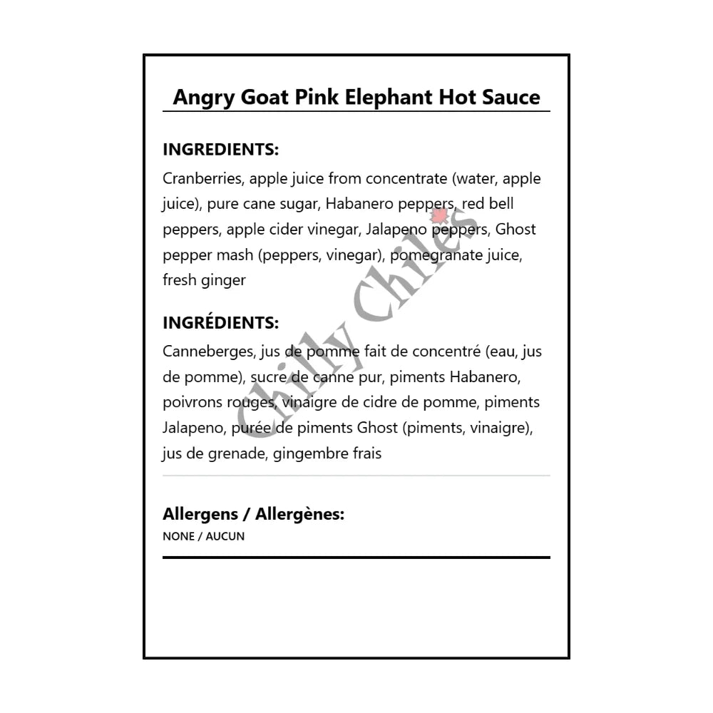 Angry Goat Pink Elephant Hot Sauce - Bilingual Ingredients