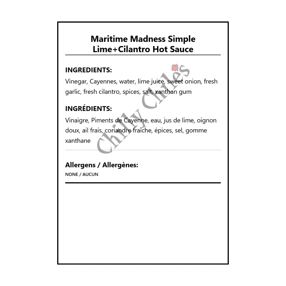 Maritime Madness Simple Lime+Cilantro Hot Sauce - Bilingual Ingredients