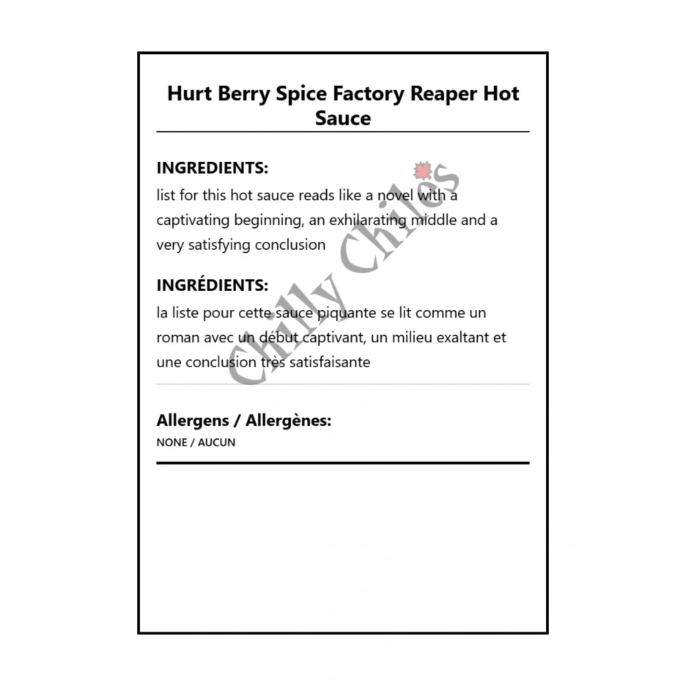 Hurt Berry Spice Factory Reaper Hot Sauce - Bilingual Ingredients