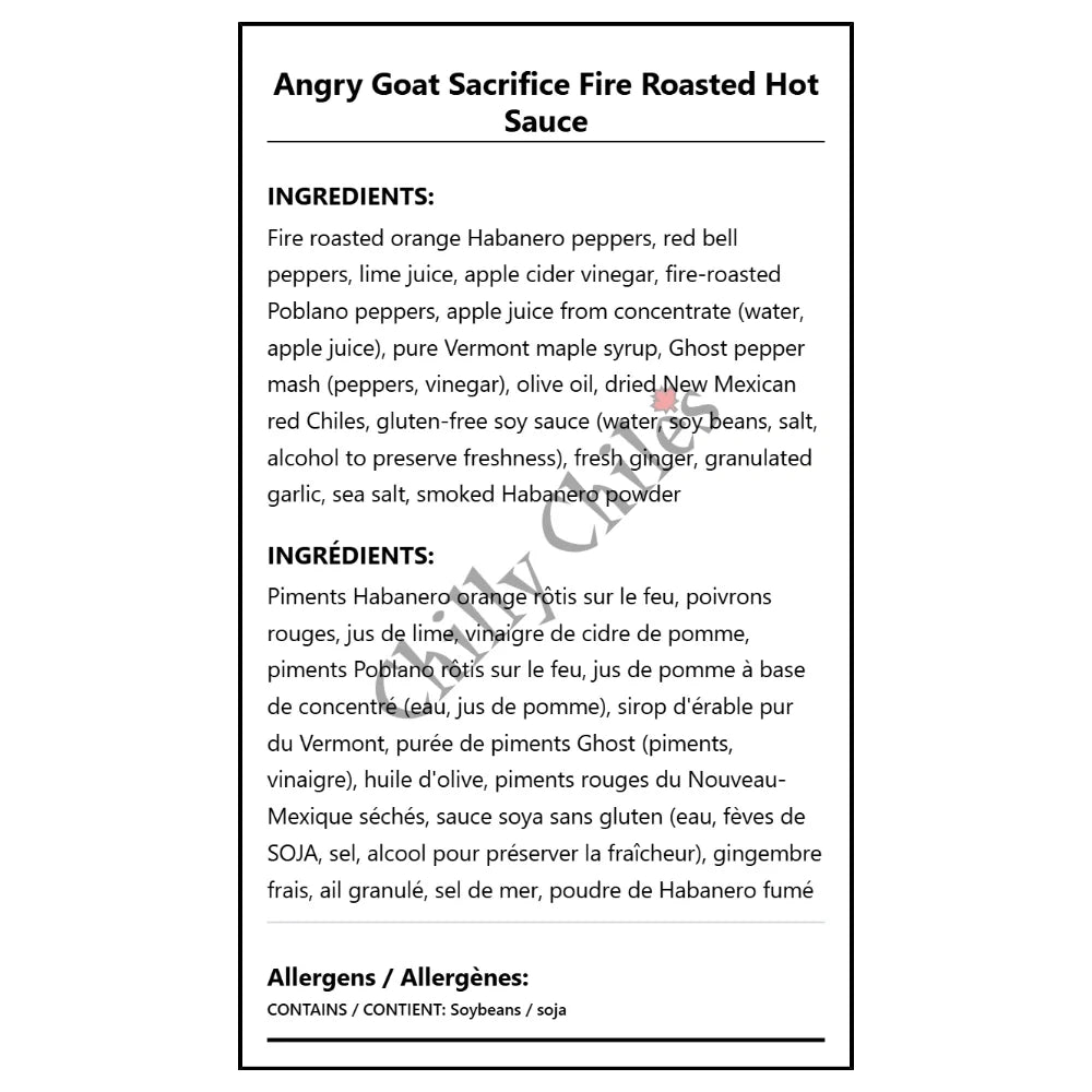 Angry Goat Sacrifice Fire Roasted Hot Sauce - Bilingual Ingredients
