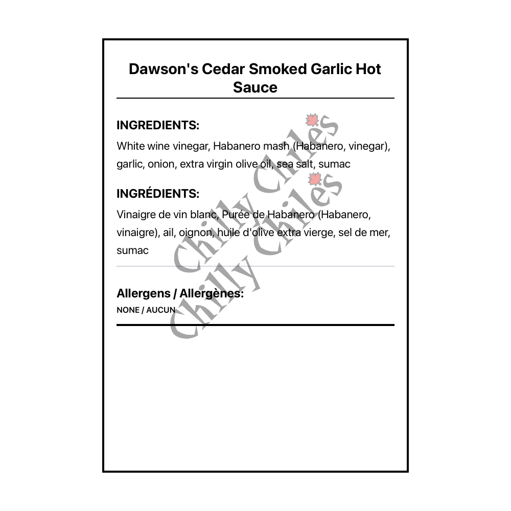 Dawson's Cedar Smoked Garlic Hot Sauce - Bilingual Ingredients