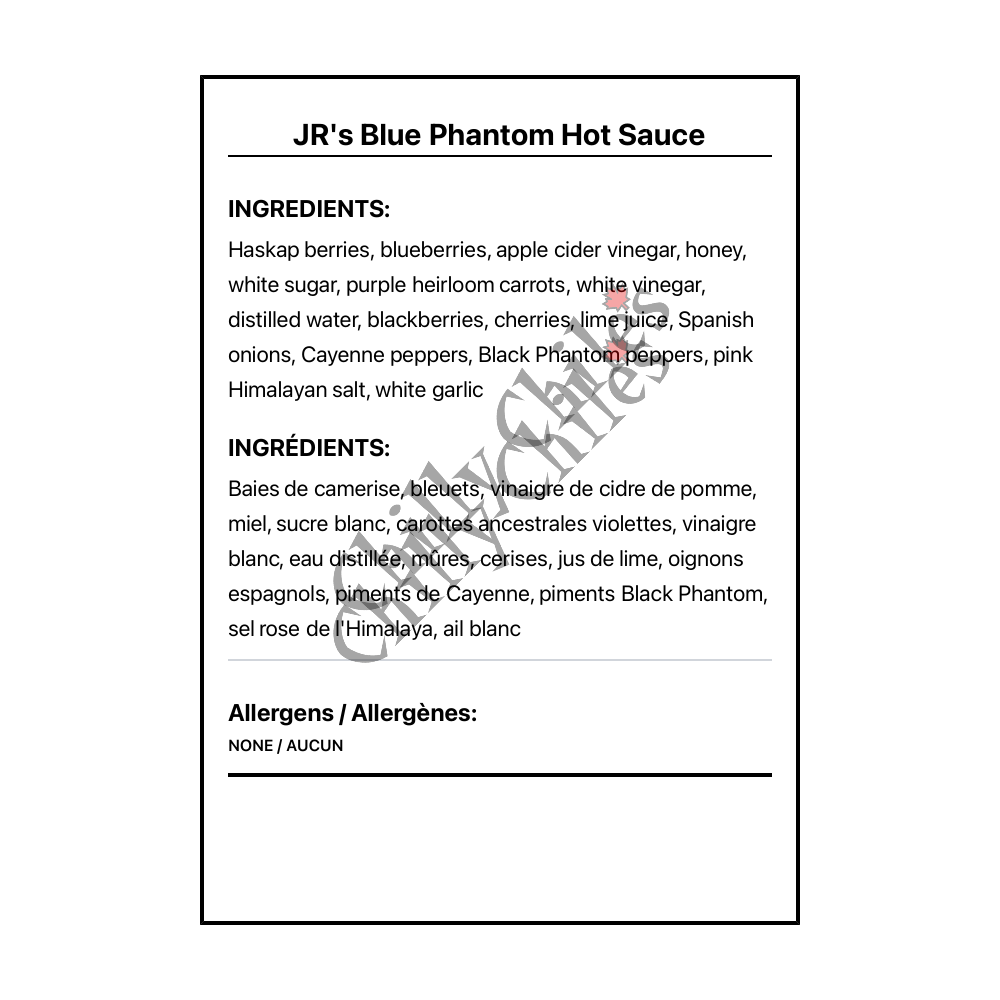 JR's Blue Phantom Hot Sauce - Bilingual Ingredients