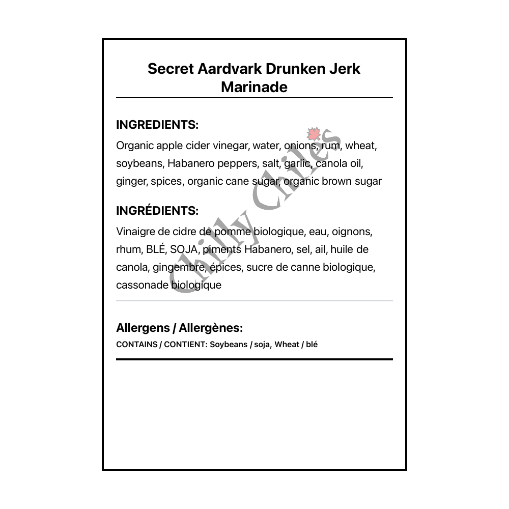 Secret Aardvark Drunken Jerk Marinade - Bilingual Ingredients