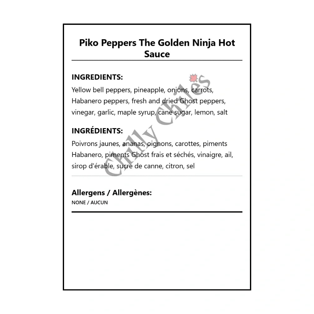 Piko Peppers The Golden Ninja Hot Sauce - Bilingual Ingredients