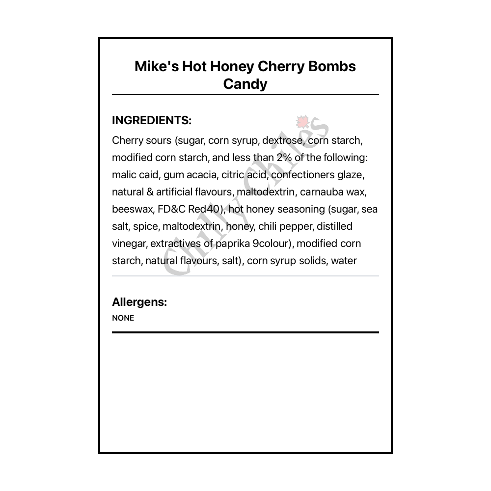 Mike's Hot Honey Cherry Bombs Candy - Bilingual Ingredients