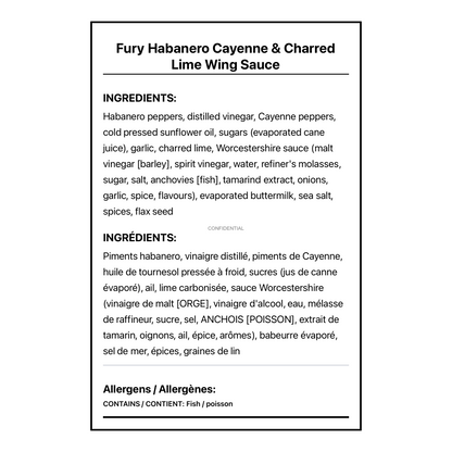 Fury Habanero Cayenne & Charred Lime Wing Sauce - Bilingual Ingredients