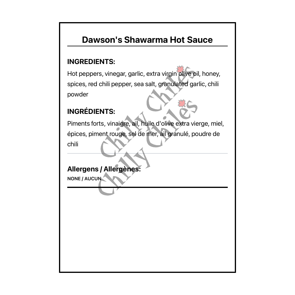 Dawson's Shawarma Hot Sauce - Canadian Nutrition Facts