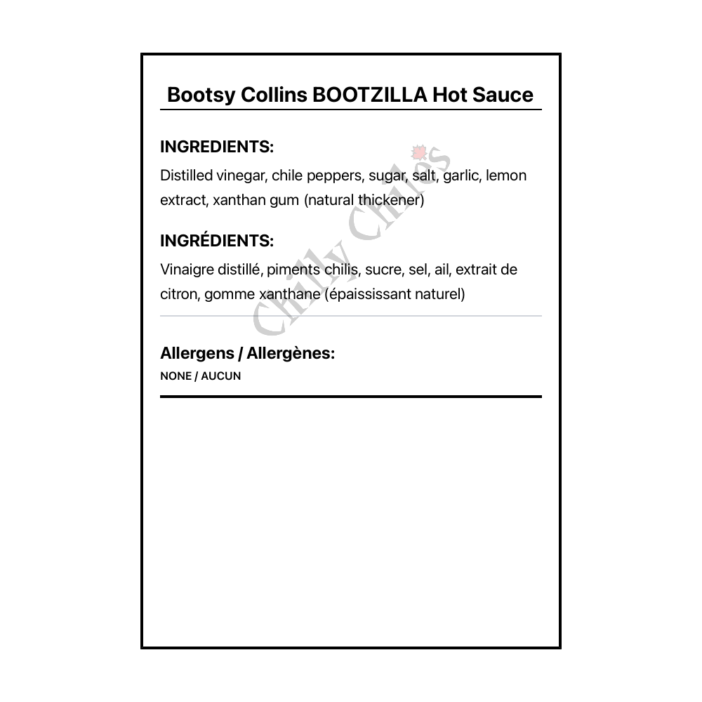 Bootsy Collins BOOTZILLA Hot Sauce - Bilingual Ingredients