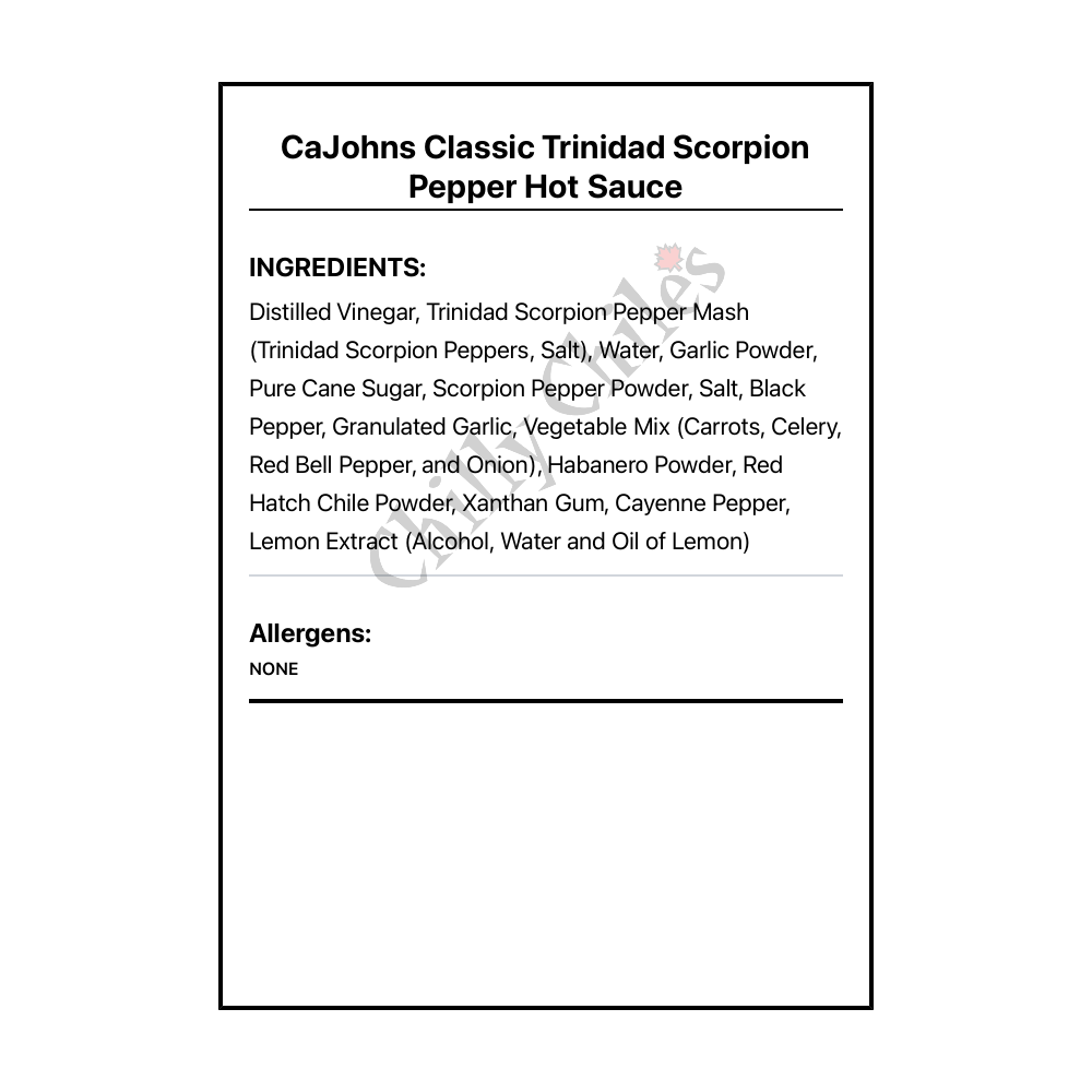 CaJohns Classic Trinidad Scorpion Pepper Hot Sauce - Bilingual Ingredients
