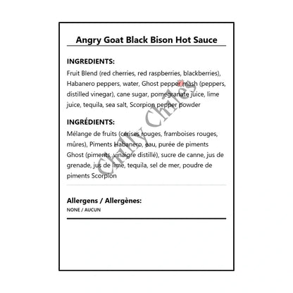 Angry Goat Black Bison Hot Sauce - Bilingual Ingredients