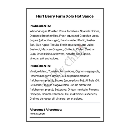 Hurt Berry Farm Xolo Hot Sauce - Bilingual Ingredients