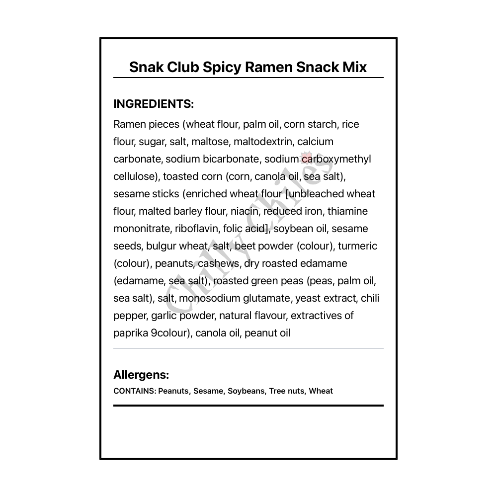 Snak Club Spicy Ramen Snack Mix - Bilingual Ingredients