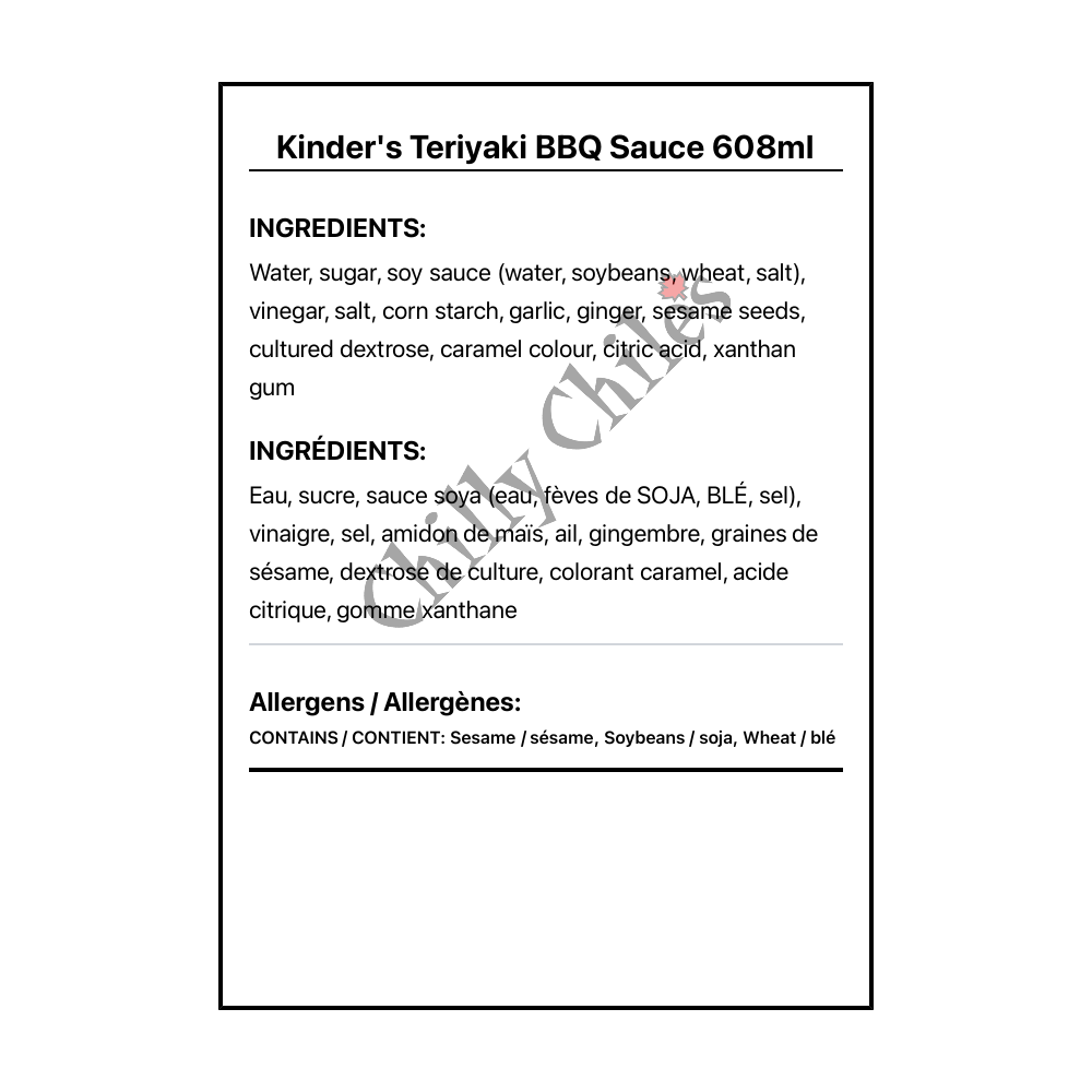 Kinder's Teriyaki BBQ Sauce 608ml - Bilingual Ingredients