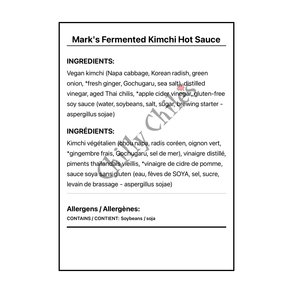 Mark's Fermented Kimchi Hot Sauce - Bilingual Ingredients