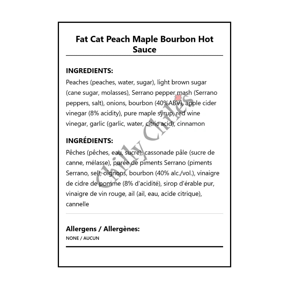 Fat Cat Peach Maple Bourbon Hot Sauce - Bilingual Ingredients