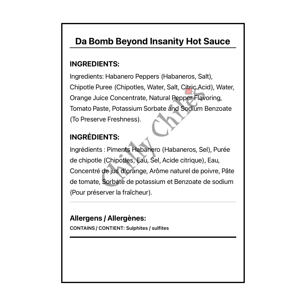 Da Bomb Beyond Insanity Hot Sauce - Bilingual Ingredients