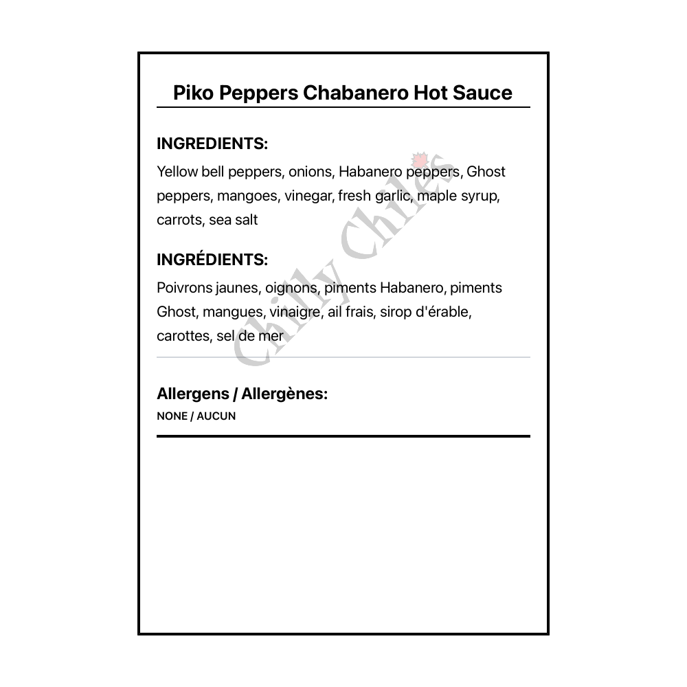 Piko Peppers Chabanero Hot Sauce - Bilingual Ingredients