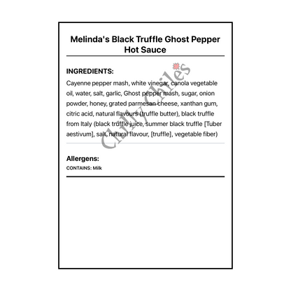 Melinda's Black Truffle Ghost Pepper Hot Sauce - Bilingual Ingredients