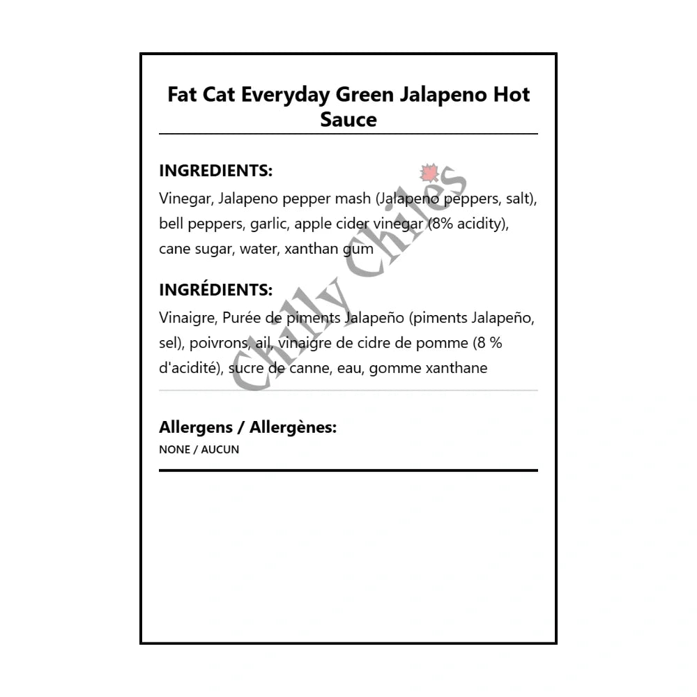 Fat Cat Everyday Green Jalapeno Hot Sauce - Bilingual Ingredients