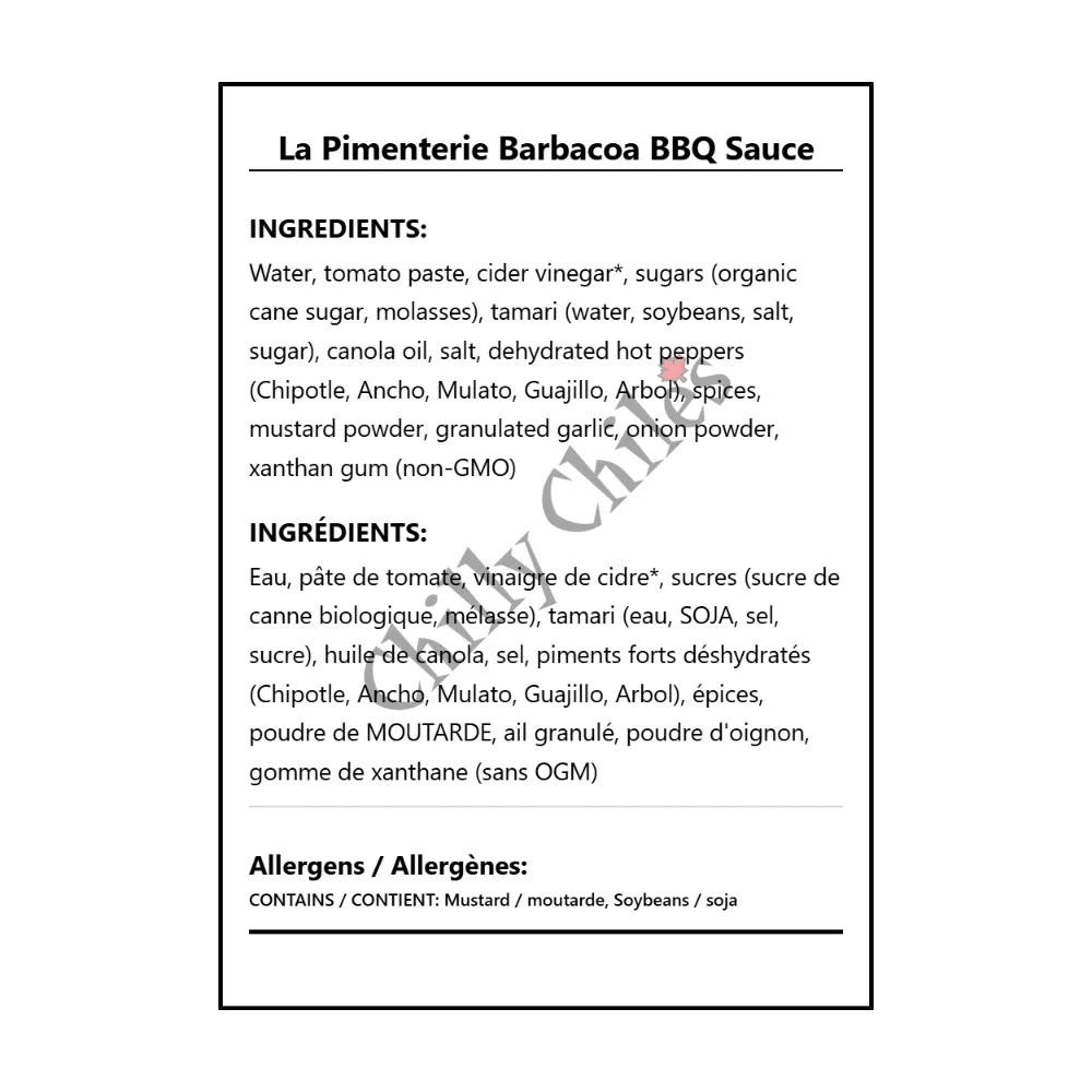 La Pimenterie Barbacoa BBQ Sauce - Bilingual Ingredients