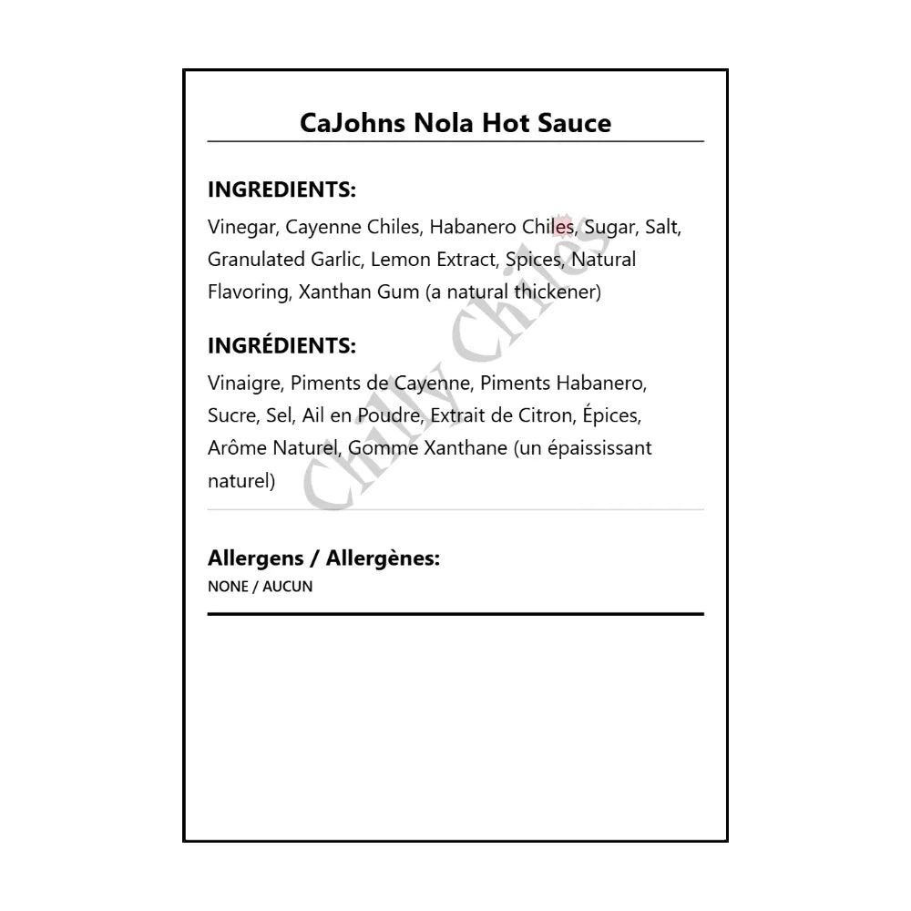 CaJohns Nola Hot Sauce - Bilingual Ingredients