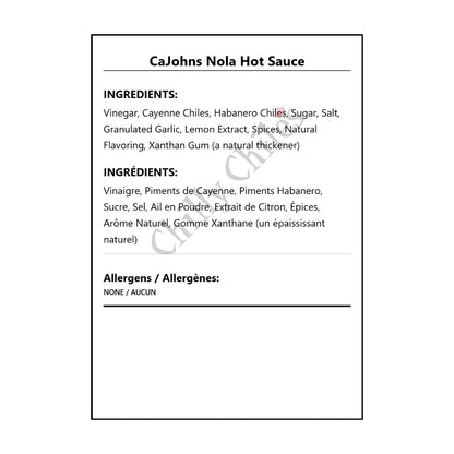 CaJohns Nola Hot Sauce - Bilingual Ingredients