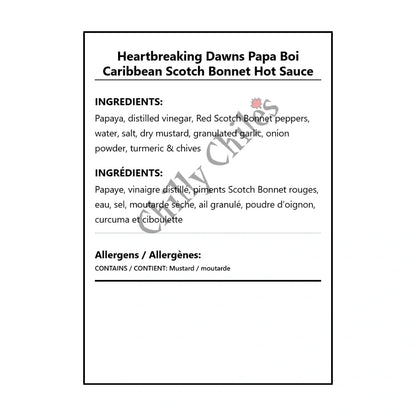 Heartbreaking Dawns Papa Boi Caribbean Scotch Bonnet Hot Sauce - Bilingual Ingredients