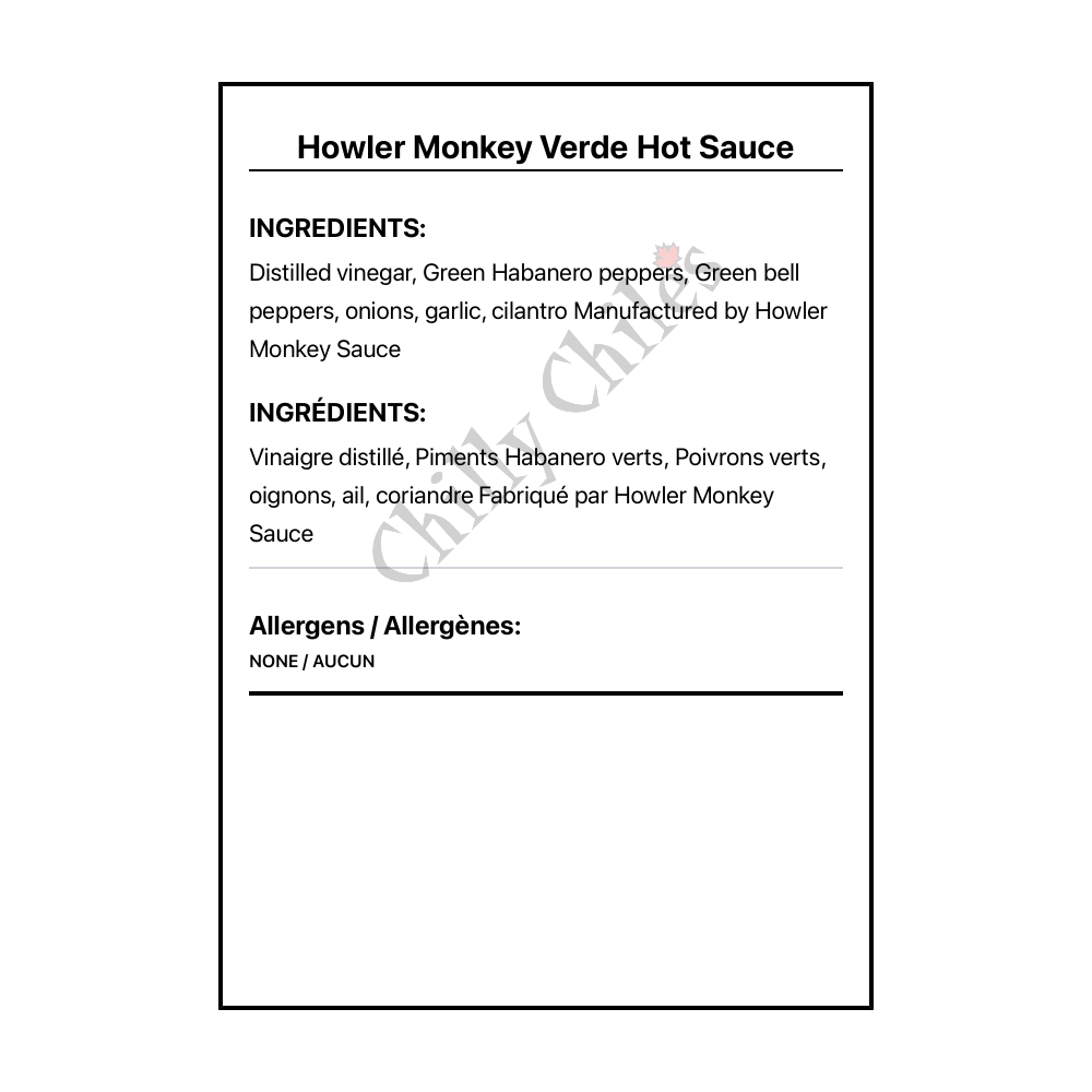 Howler Monkey Verde Hot Sauce - Bilingual Ingredients
