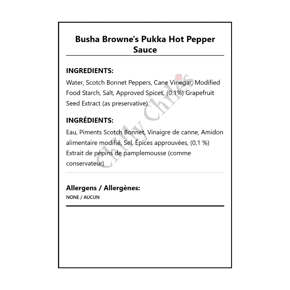 Busha Browne's Pukka Hot Pepper Sauce - Bilingual Ingredients