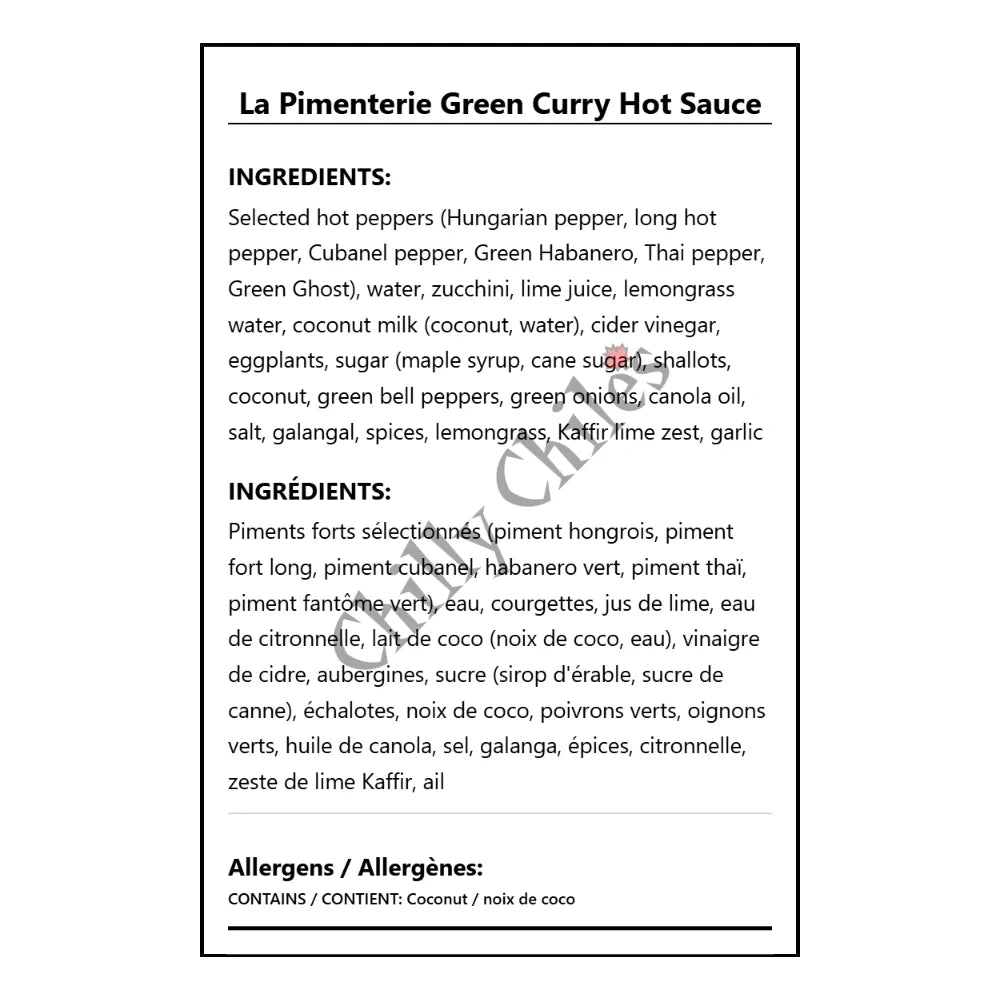 La Pimenterie Green Curry Hot Sauce - Bilingual Ingredients