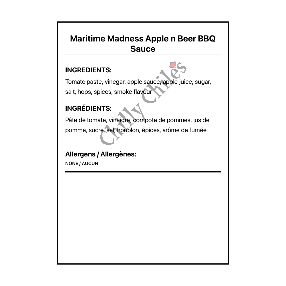 Maritime Madness Apple n Beer BBQ Sauce - Bilingual Ingredients