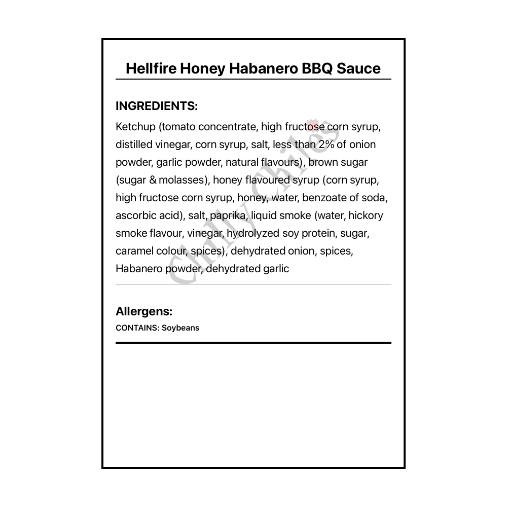 Hellfire Honey Habanero BBQ Sauce - Bilingual Ingredients