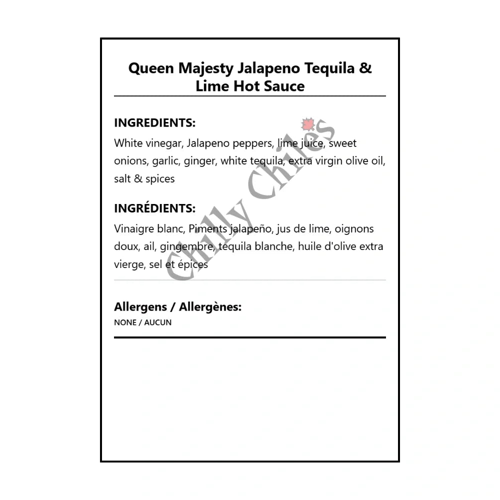 Queen Majesty Jalapeno Tequila & Lime Hot Sauce - Bilingual Ingredients