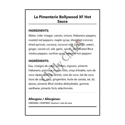 La Pimenterie Bollywood XF Hot Sauce - Bilingual Ingredients