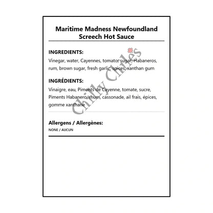 Maritime Madness Newfoundland Screech Hot Sauce - Bilingual Ingredients