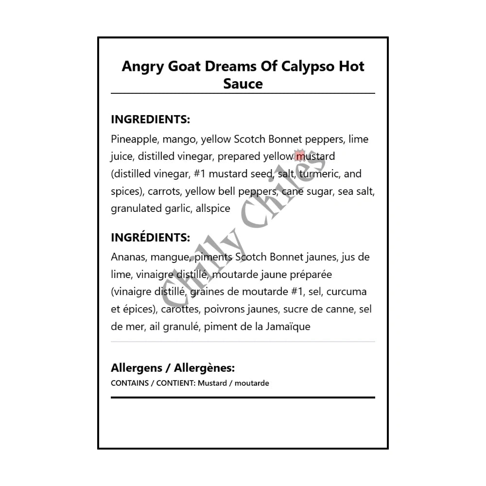 Angry Goat Dreams Of Calypso Hot Sauce - Bilingual Ingredients