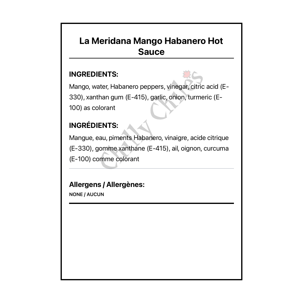 La Meridana Mango Habanero Hot Sauce - Bilingual Ingredients