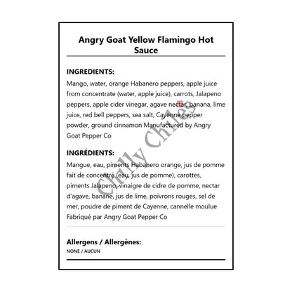 Angry Goat Yellow Flamingo Hot Sauce - Bilingual Ingredients