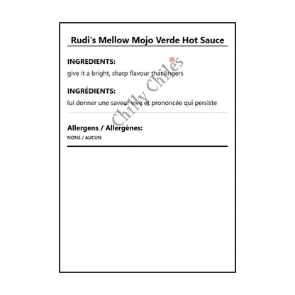 Rudi's Mellow Mojo Verde Hot Sauce - Bilingual Ingredients