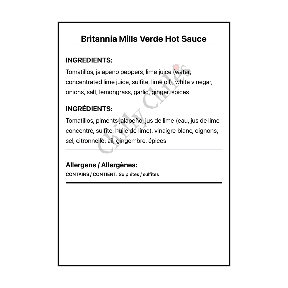 Britannia Mills Verde Hot Sauce - Bilingual Ingredients