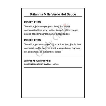 Britannia Mills Verde Hot Sauce - Bilingual Ingredients