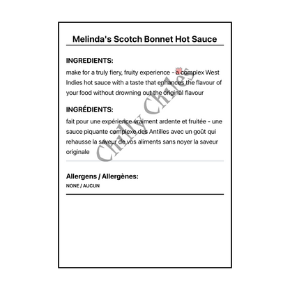 Melinda's Scotch Bonnet Hot Sauce - Bilingual Ingredients