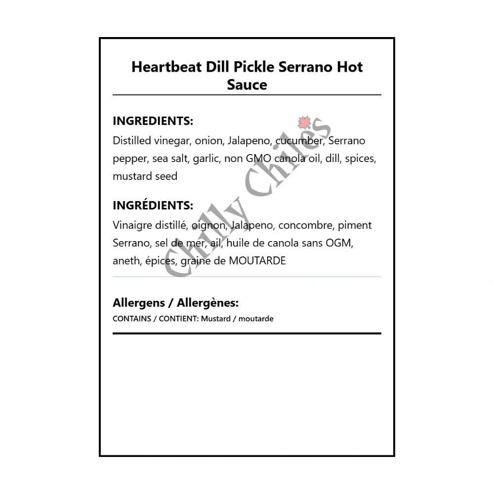 Heartbeat Dill Pickle Serrano Hot Sauce - Bilingual Ingredients