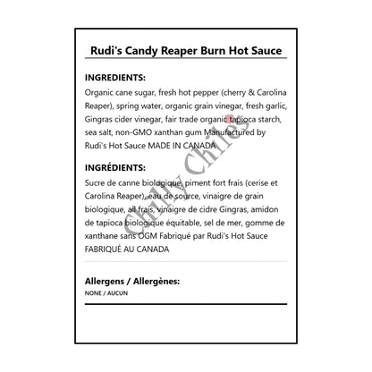 Rudi's Candy Reaper Burn Hot Sauce - Bilingual Ingredients
